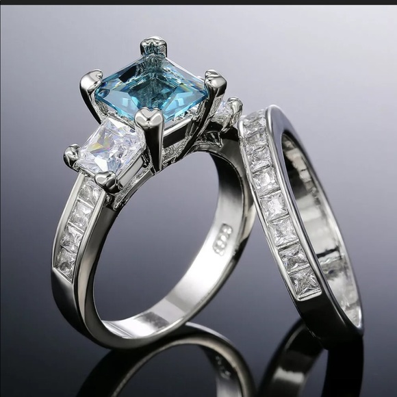 New Princess Cut Aquamarine  Set 925 Silver Ring - Picture 2 of 7